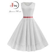 Women Summer Dress 50S 60S Elegant Vintage Lace Dress Robe Sleeveless Party Casual White Midi Ves