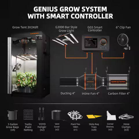 2026 Spider Farmer 0.9x0.9x1.8m Smart Complete Grow Tent Kit+G3000 300W LED Grow Light+6” Clip Fan+G