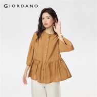 GIORDANO Women Shirts Mandarin Collar Ruffle Doll Blouses 3/4 Sleeve Button Closure Fashion Casual L