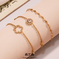 Xinyi Xin Style Small Fresh Temperament Five-leaf Flower Inlaid 5A Zircon Super Flash Anklet Stainle