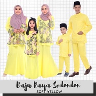 Baju Raya Sedondon Tema Warna Soft Yellow (Kuning Cair) Set Family Ayah Ibu Anak Baju Kurung Baju Me