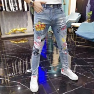 Naimo กางเกงยีนส์ผู้ชาย New Light Grey Tide Brand Tiger Head Hot Diamond Print Slim Trousers