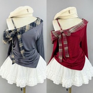 Set of long-sleeved off-the-shoulder top with rough checkered bow, A-line flared skirt, big-size pro
