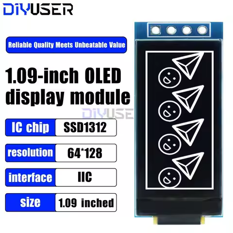 1.09 Inch OLED Display Module 128x64 White SSD1312 I2C, 4 Pin Interface for Arduino Raspberry Pi, Lo