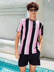 KK Fashion XXS~6XL Men Fashion Chromatic Stripe Print Short Sleeve T-shirt New Summer Sport Shirt O-neck Wear Blue/Pink【】