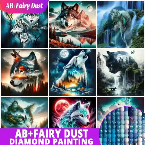 Fairy Dust AB Cat Diamond Painting Moon Wolf Mountain Diamond Mosaic Full Round Drill Embroidery Ani