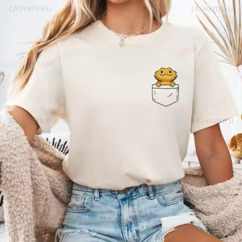 Kawaii Bearded Dragon Pocket Printed TShirt Reptile Owner Gift Nature Lover T Shirt Casual Fashion H
