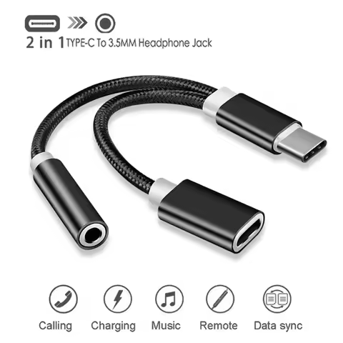 Nylon 2 In 1 Type-C To 3.5 mm Charger Headphone Audio Jack USB C Cable Type-C To 3.5mm Connector Ada