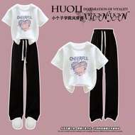 台灣現貨 發票女童套裝夏裝2024新款炸街洋氣時髦大童套裝 黑褲+白衣紅愛心 160