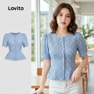 (trendy3)Lovito Elegant Blouse Jacquard Ruffle Hem Spring/Summer Light Blue Blouse for Women L135ED4