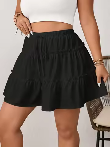 Plus Size 1XL-5XL Spring Women's Casual Elegant Solid Color A-Line Short Skirt Ladies Ruffled Hem El