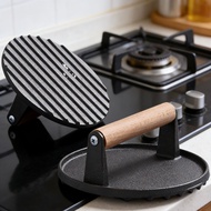 【Migumila】Cast Iron Burger Press Smash Burger Press Wooden Handle Round Burger Smasher Anti Scald fo