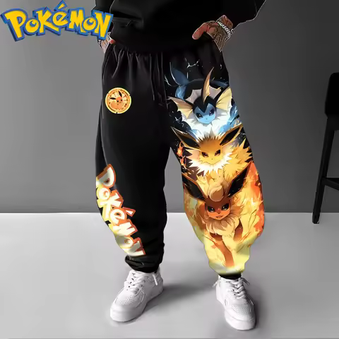 Pokemon Print New Streetwear 2026 Mens High Waist Cotton Pants Wide Leg Trousers Loose Fit Casual Br