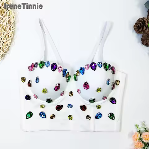 IRENE TINNIE 2023 New Rhinestones Beads Bustier Push Up Night Club Bralette Women's Floral Bra Cropp