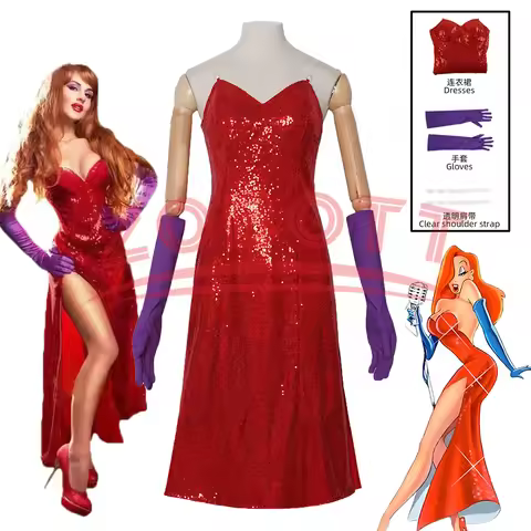 Movie Who Framed Roger Rabbit Jessica Cosplay Dress High Split Red Sequined Dresses with Purple Glov
