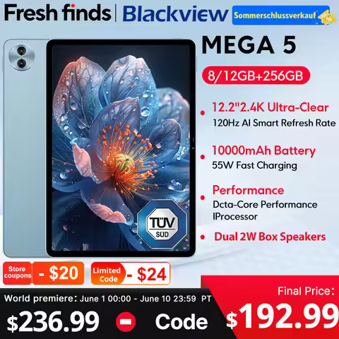New Blackview MEGA 5 AI Tablet 12.2" 2.4K 120Hz Display 12GB 256GB 10000mAh 55W Charging 4G Android 