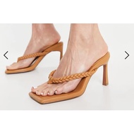 ASOS DESIGN Wide Fit Haven plaited toe thong heeled sandals in beige - Wide Ft UK 9