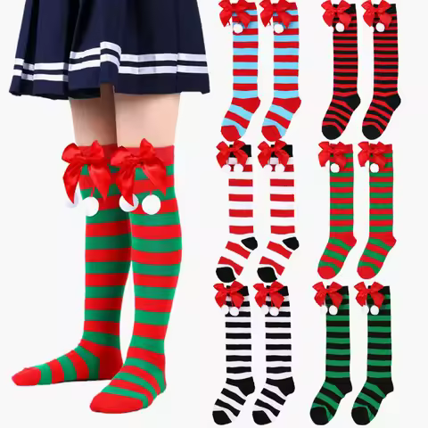 7-12Y Christmas Girls Thigh High Stockings Kids Stripe Over the Knee Long Socks with Bowknot Kawaii 