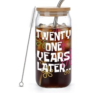 Happy 21th Birthday Gifts for Women,Daughter,16oz Drinking Glass with Lid and Straw - Twenty One Yea