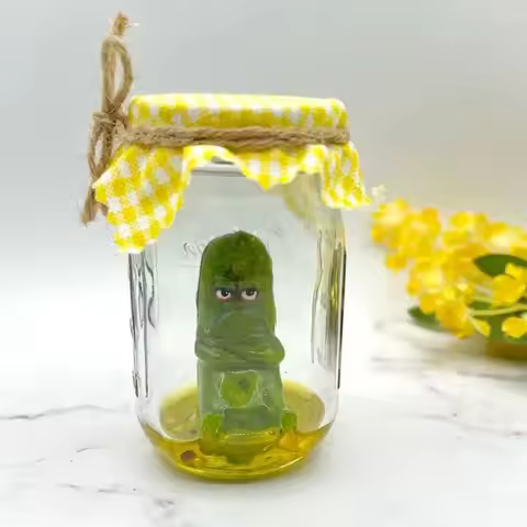 Grumpy Pickle in A Jar Sculpture, Miniature Glass Screaming Pickle in a Bottle, Emotional Support Ja