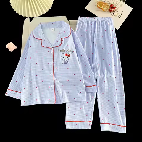 Pajama set with HELLO KITTY pattern, a long-sleeved top and matching pants, comfortable homewear