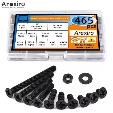 870Pcs M3 Flat Head Cross Machine Screw Black Carbon Steel M3x4/5/6/8/10/12/16/20/25/30mm Countersun