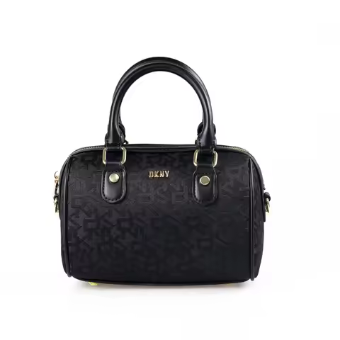 DKNY Womens Solid Color Handbag Pure Black Embossed Pattern Gold Hardware Top Handle Crossbody Detac