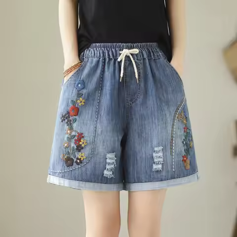 Embroider Shorts Jean For Women Summer Japanese Style Ethnic Elastic Waist Blue Flowers Embroidery D