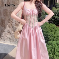Lovito Casual Dress Zipper Lace Up Ruched Smooth Hand Feeling Spring/summer Pink Dress for Women L14