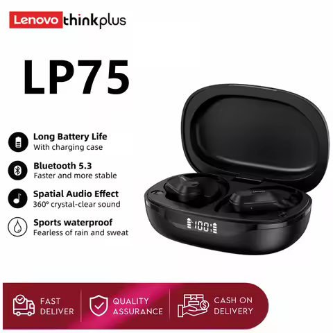 Lenovo LP75 Bluetooth 5.3 TWS Headphones Sports Wireless Earphones with Mics,Button Control, LED Pow