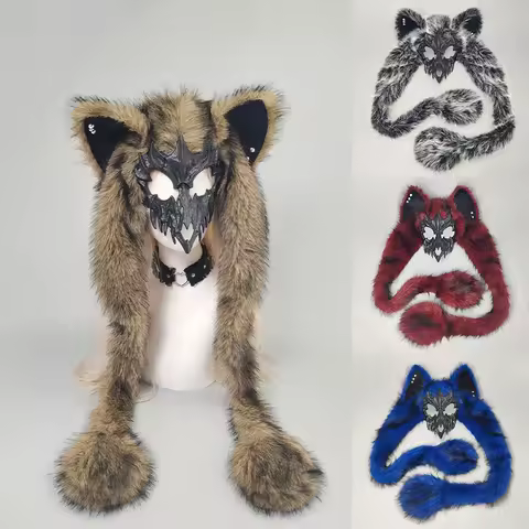 Furry Wolf Mask Viking Fur Fox Mask Wendigo Headdress Halloween Werewolf Costume Barbarian Medieval 