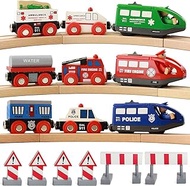 On Track USA Wooden Train Set Battery Operated Action Rescue Trains Includes 3 Magnetic Motorized Engines and 6 Cars, Compatible with Wooden Train Tracks From All Major Brands (Batteries Not Included)