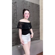 L42 Lace Off-Shoulder Plain Zip Shirt