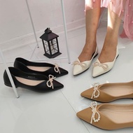 Simoncelli Sepatu Flat Shoes Lancip Wanita Pita Mutiara Feminim Import Asli Warna Hitam Black Khaki 