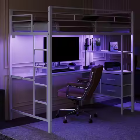 Twin Loft Bed with L-Shaped Desk LED High Sleeper Metal Frame Guardrail Charging Station Storage Dre