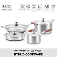iGOZO Hybrid SUS304 Premium Stainless Steel Cookware (18cm Saucepan / 24cm Casserole Pot / 24cm Frying Pan / 32cm Stirfry Wok)