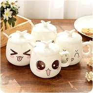Kawaii Emoji Ceramic Coffee Cup 350ml With Lid Spoon Cute White Porcelain Milk Tea Mug For Breakfast