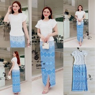 S-4XL Label Si am Set Shirt With Sarong Fabric Thai Printed Pattern Blue Gam Merit Dress Party