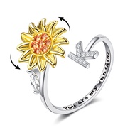 Fidget Rings for Anxiety for Women Sunflower Initial Letter Spinner Ring Open Adjustable Ring CZ Rin