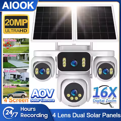 AIOOK 15W Dual Solar Panel Outdoor Camera with 4 Lens HD 20MP ESIM 4G Camera IP66 Waterproof Color N