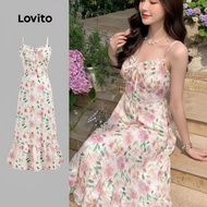 (trendy2)Lovito Boho Ditsy Floral Lace Up Zipper Dress for Women L123ED635