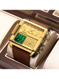 1只男士手錶,棕色pu皮革錶帶,豪華商務設計,方形錶盤,多功能,日曆,計時器,夜光,防水石英手錶