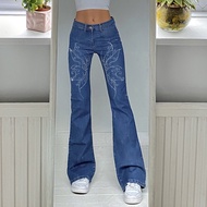 Streetwear Print Autumn Low Waist Long Trousers Gothic Jeans Women Y2K Casual Denim Pants Simple Fem