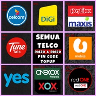 RM30 RM50  Topup PIN CODE Telco Reload (SEMUA TELCO ADA) - All Telco Brand - Celcom Xpax