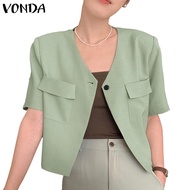 Vonda Women Korean  V-Neck Short Sleeve Pocket Solid Color Blazer