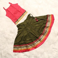 Kamdar Aadhira Girls Pattu Pavadai Sattai Lehenga Choli Set Floral Print Tiered Dress Skirt With Tan