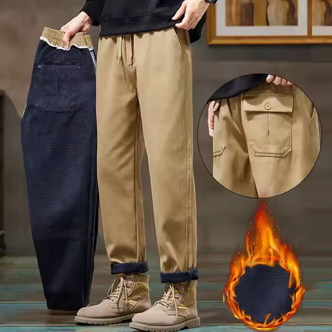 Men's Fleece Warm Casual Pants Winter Velvet Handsome Loose Cozy Trousers Wear-resistant High-end Br