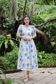 L-6XL Maxi dress ผ้าลูกไม้พิมพ์ลาย คอวี ชุดสาวอวบ อ้วน ชุดใส่ทำบุญ ลูกไม้ ชุดไปวัด ชุดงานหมั้น ชุดไป