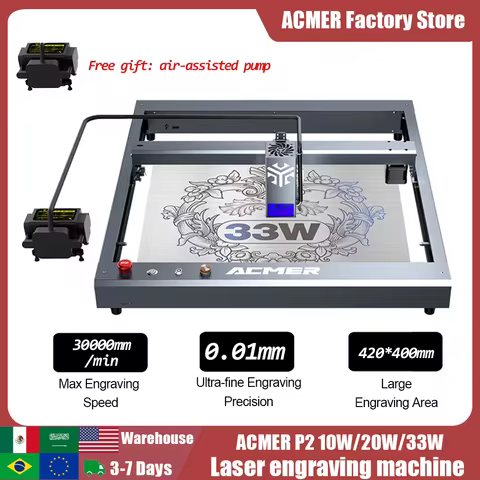 ACMER P2 Laser Engraving 10W 20W 33W Laser Cutting Machine 30000mm/min High Speed Engraving Safety D