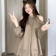 3LiSet tơ bèo hở vai Lisssadress set áo quần tiểu thư tay dài dilyshop Trơn Trơn Nữ Top